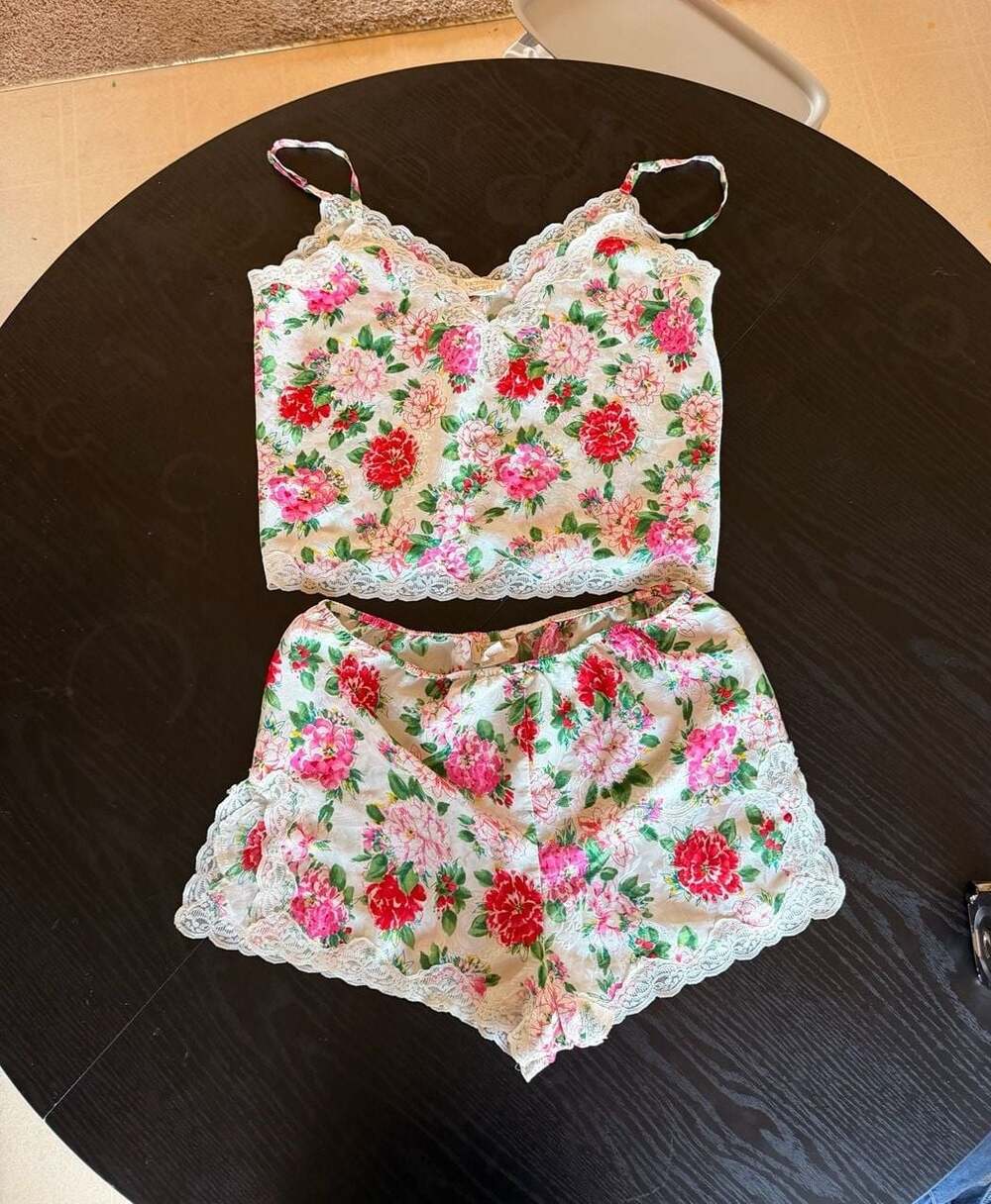 Vintage Victoria's Secret Floral Satin Camisole and Shorts Pajama Set with Lace